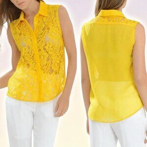 SANDRO Floral Lace Button Up Sleeveless Blouse Sz Small Yellow
